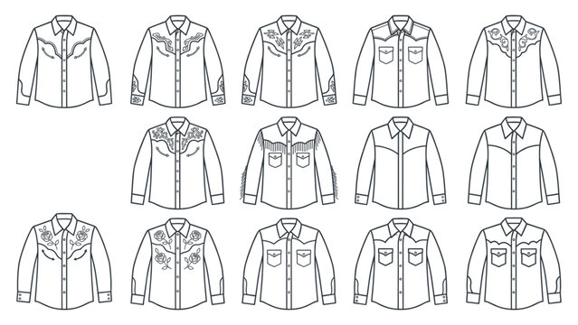 Set of cowboy shirts, western wear design line art illustrations.