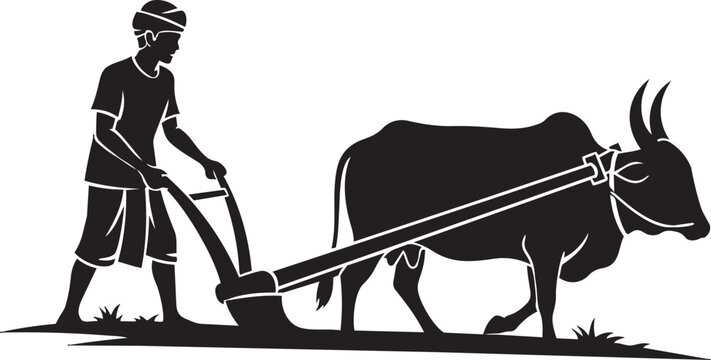 Man plowing field with oxen in a traditional farming scene illustration