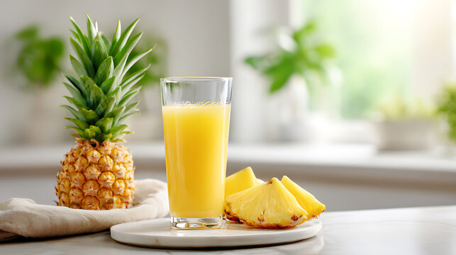 Refreshing glass of pineapple juice and fresh sliced pineapple on kitchen table with sunlight, healthy tropical beverage for summer.
