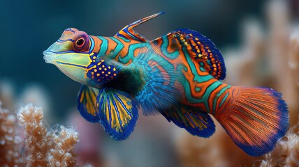 Obraz premium Vibrant Mandarinfish Swimming in Coral Reef, Underwater Wildlife Photography, Marine Biology, Exotic Sea Creature