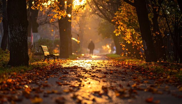 A sunlit autumn pathway is lined with trees and fallen leaves. A lone figure walks into the sun's warm glow