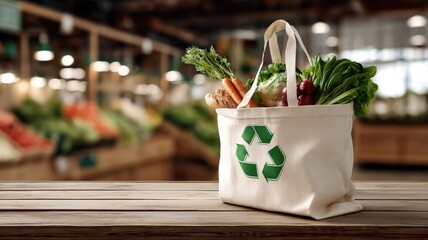 Naklejka premium Eco-Friendly Grocery Shopping: Reusable Tote Bag Filled with Fresh Vegetables in a Market Setting