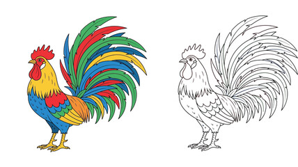 Colorful rooster vector illustration alongside a black and white outline version, perfect for kids farm animal coloring pages. © MstTabassum