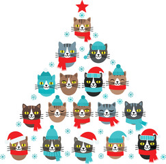 Fototapeta premium Festive Christmas Tree Made of Cats Wearing Winter Hats and Scarves, Perfect for Holiday, Winter, and Cute Animal Designs