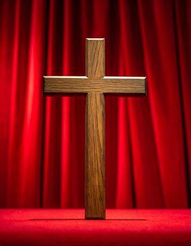 A wooden cross stands centered on a red surface before a deep red curtain. The lighting is focused, casting shadows