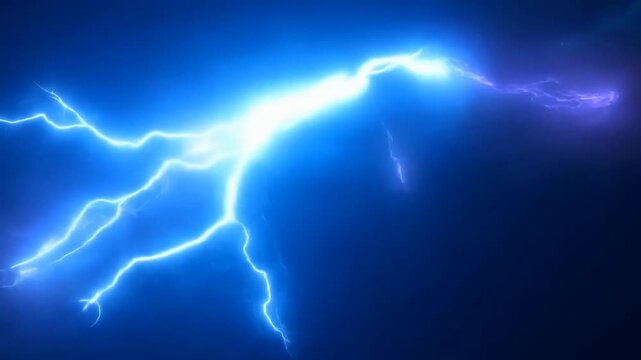 Slow motion tracking shot of electric lightning bolt arcing and branching across dark night sky above curved planetary horizon and clouds