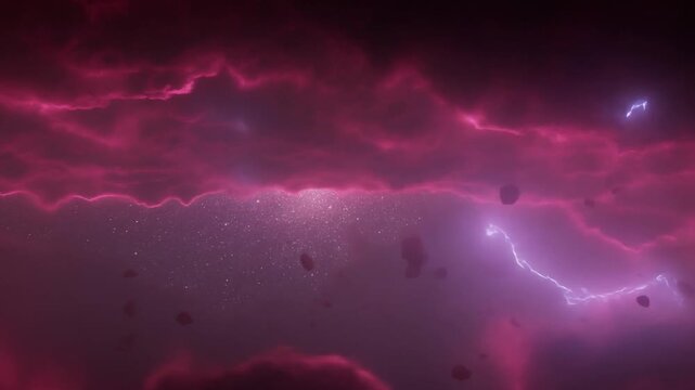 Panning shot of asteroids drifting through purple nebula with lightning across cloud layer in outer space cosmic void slow atmospheric motion