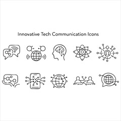 Obraz premium Innovative tech communication icons featuring global networking and human brain digital connections.