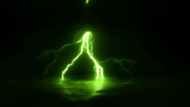 Slow motion vertical tracking shot of green lightning bolt striking reflective water surface in dark studio environment