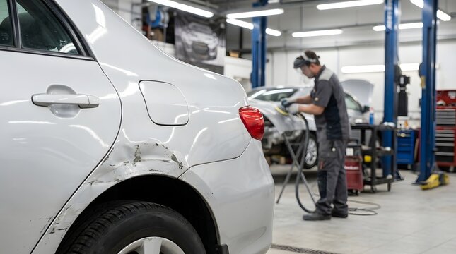 Car repair technician fixing damaged vehicle in auto body shop, collision repair service, automotive maintenance, workshop environment, insurance claim and vehicle restoration concept
