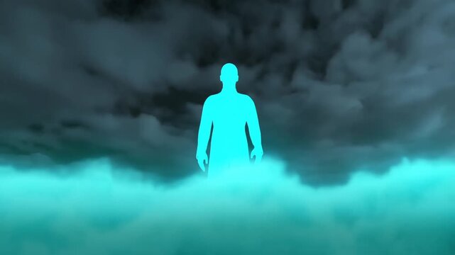 Static shot of silhouetted person struck by blue lightning and electrified amid foggy cloudscape with pulsing glow above stormy sky