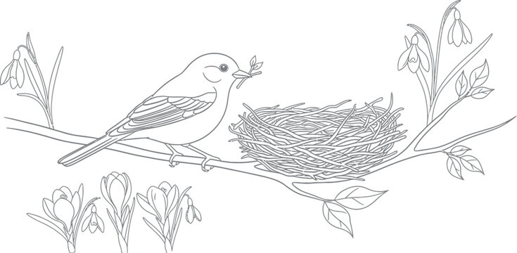 A delightful outline drawing depicts a diligent little bird carefully building its new home, a woven nest, on a budding branch amidst blooming spring snowdrop and crocus flowers.
