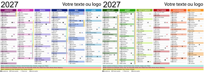 Calendrier multicolore pour année 2027 avec textes en français, saints, cycles lunaires et vacances scolaires - Textes vectorisés et non vectorisés sur calques séparés © Fabien