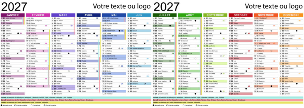 Calendrier multicolore pour ann&eacute;e 2027 avec textes en fran&ccedil;ais, saints, cycles lunaires et vacances scolaires - Textes vectoris&eacute;s et non vectoris&eacute;s sur calques s&eacute;par&eacute;s