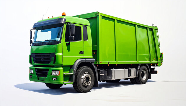 Vivid green refuse collection truck viewed from a low angle