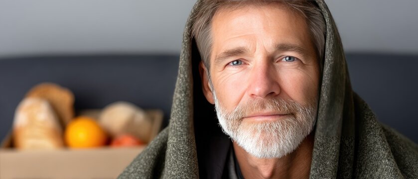Homeless man sitting on couch with orange in hand next to boxes of bread and vegetables during daytime in an indoor setting