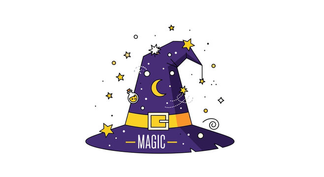 Purple wizard hat with magic text, mystical sorcerer cap with gold stars and crescent moon, fantasy witch accessory vector illustration
