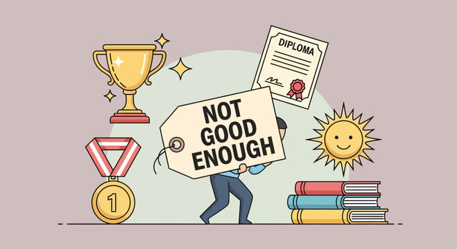 Feeling 'not good enough' despite success. An illustration of imposter syndrome, self-doubt, mental pressure, and achievements