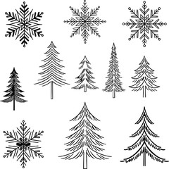 Obraz premium Hand-drawn winter trees and snowflakes vector elements