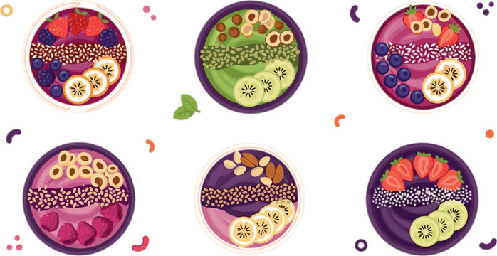 Colorful smoothie bowls vector set with berries, banana, kiwi, granola and seeds, healthy breakfast superfood compositions and vegan nutrition illustration