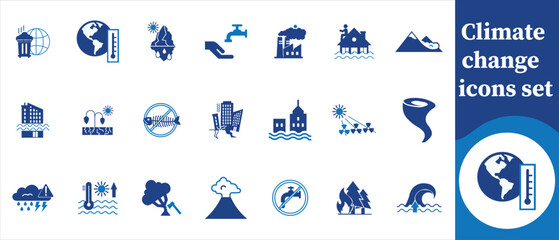 Fototapeta premium This image displays a collection of blue climate change icons depicting various environmental impacts and related concepts high quality professional detailed modern elegant
