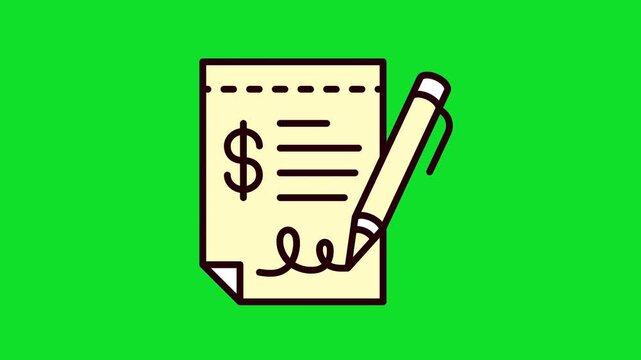 Animated Illustration of a Payment Receipt with a Pen Signing a Signature and a Dollar Sign 4k stock animation video on a green screen for chroma key background for video editing.