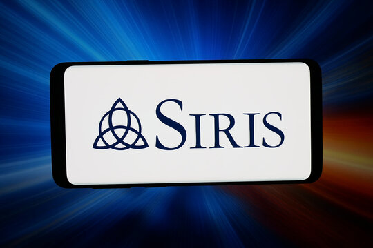 Stuttgart, Germany - 03-26-2026: In this photo illustration, the logo of US private equity company Siris Capital Group is displayed on a smartphone in front of abstract background on computer screen.