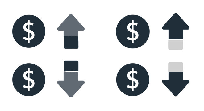 Financial growth and decline icons dollar signs with directional arrows