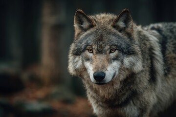 Fototapeta premium Wild beautiful grey wolf in a forest.