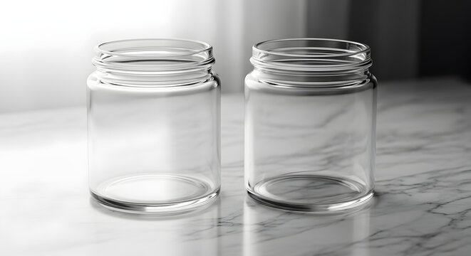Two empty glass jars on a marble countertop in a bright kitchen setting