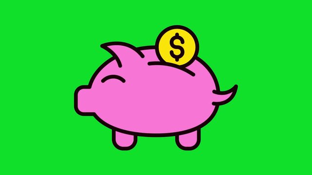 Animated Illustration of a Pink Piggy Bank with a Golden Dollar Coin 4k stock animation video on a green screen for chroma key background for video editing.