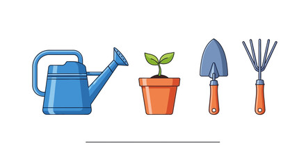Obraz premium Gardening tools, watering can, trowel, rake, potted plant, gardening equipment, icons