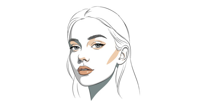 Minimalist fashion illustration of a beautiful woman face. Elegant female portrait with makeup contouring. Hand drawn vector line art for beauty branding.