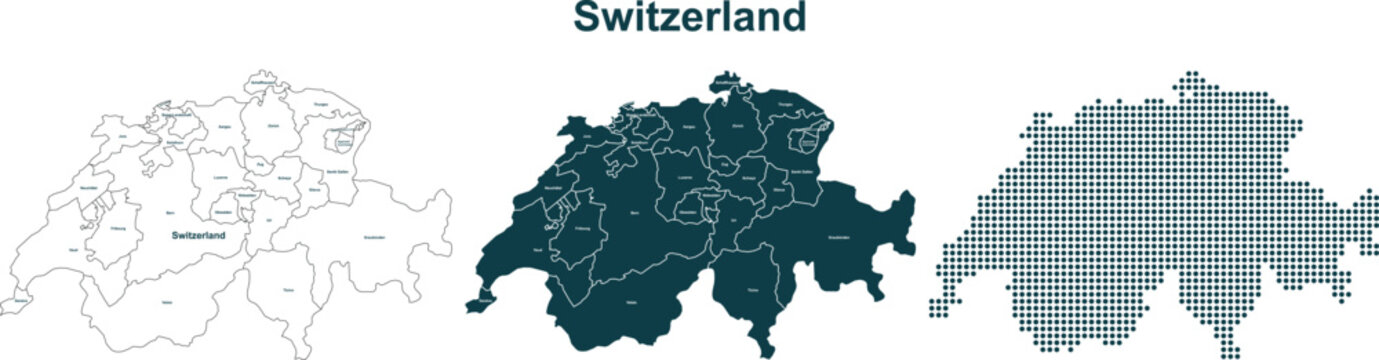 Switzerland map set with cantons outline solid and dotted styles