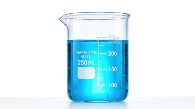 A 250ml borosilicate glass beaker filled with blue liquid. Clean laboratory setting with a white background representing scientific research. Ideal for educational materials or chemistry blogs.