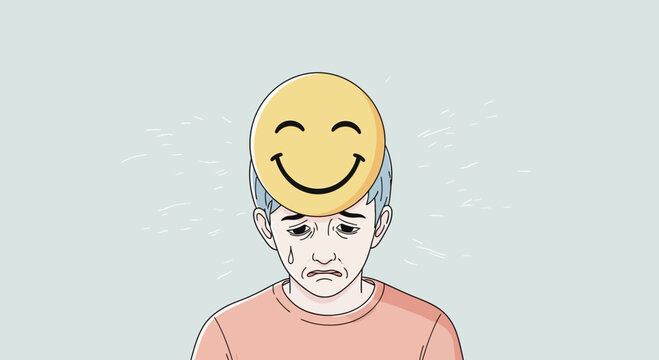 Person's Sad Face Hidden Behind a Happy Mask Symbolizing Emotional Dissonance and Unexpressed Sadness