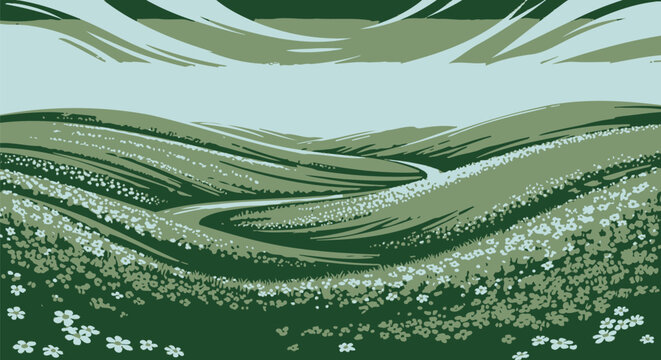 Vibrant cartoon illustration showcases a beautiful idyllic spring landscape with rolling green hills, a serene winding river, and a plethora of colorful wildflowers under a clear blue sky.
