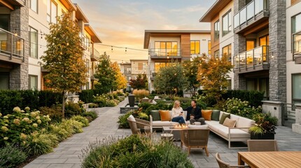 Fototapeta premium Couple enjoying a relaxing evening on a modern apartment complex patio with fire pit