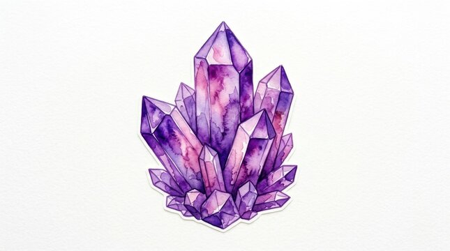 Purple amethyst crystal cluster painted in watercolor style. Mystical and elegant atmosphere with soft textures. Perfect for spiritual, geological, or artistic design projects.
