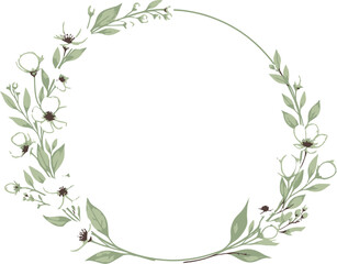 Fototapeta premium Beautifully hand-painted watercolor floral wreath featuring delicate pink and cream blossoms with subtle green foliage arranged in an elegant circular frame on a clean white textured background.