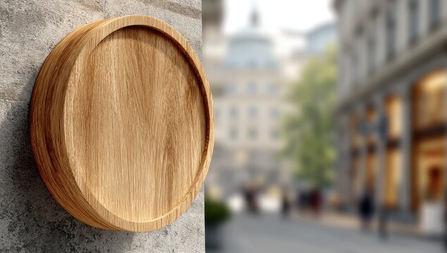 Wooden round sign mockup with empty space against blurry city background