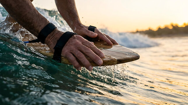 Man surfing on wave at sunset with hands on board