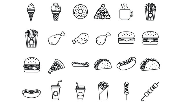 Food icon set including various fast food and drink illustrations