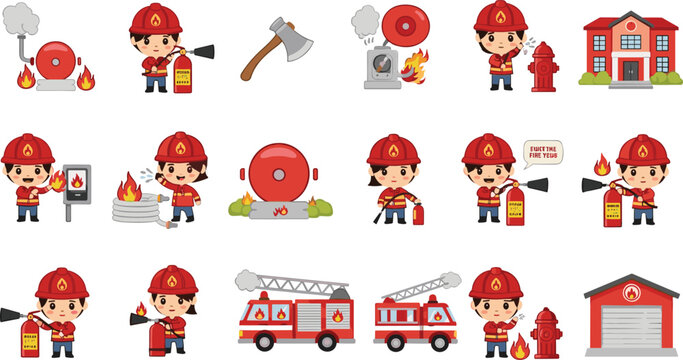 Cartoon Firefighter Set with Fire Truck, Fire Extinguisher, Fire Alarm, and Firefighter Tools for Emergency and Safety