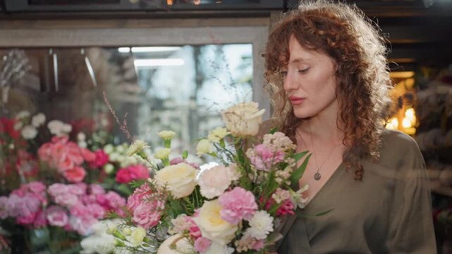 Florist arranging bouquet in shop window, curlyhaired woman carefully shaping pastel roses and greenery, soft natural light and reflective glass, intimate portrait of small business owner with focused