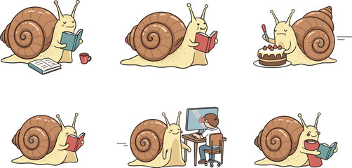 Cartoon Snail Set with Books, Cake, and Computer for Cute Animal Illustrations and Relaxing Activities © Md