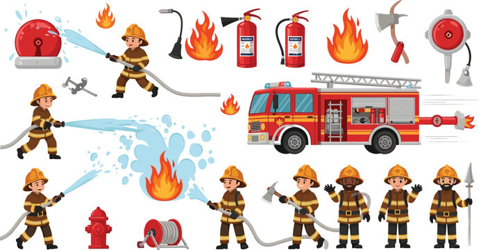 Firefighter Emergency Response Set with Fire Truck, Hose, Extinguishers, Fire Alarm, and Firefighting Tools for Safety and Rescue