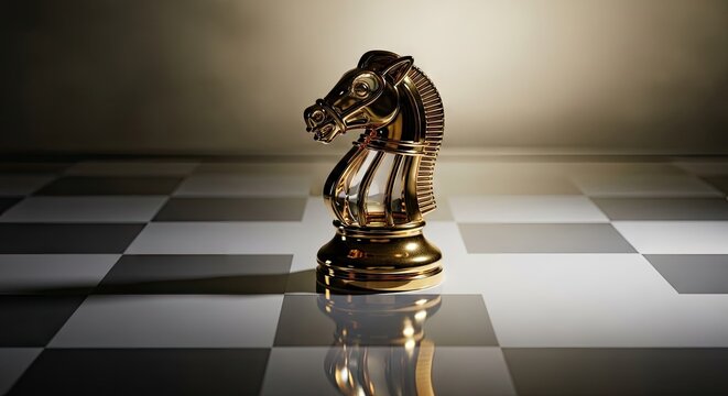 Golden chess knight piece on a checkered board conceptual business strategy
