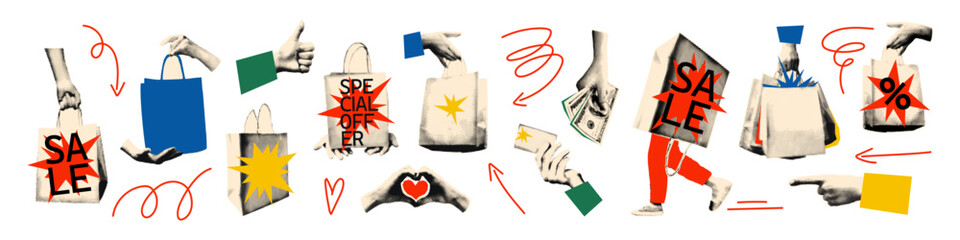Cut out art collage elements set. Halftone hands holding paper bags, hand gestures, payment. Vintage stickers with doodles for sale, shopping and discount. Modern retro vector illustration isolated