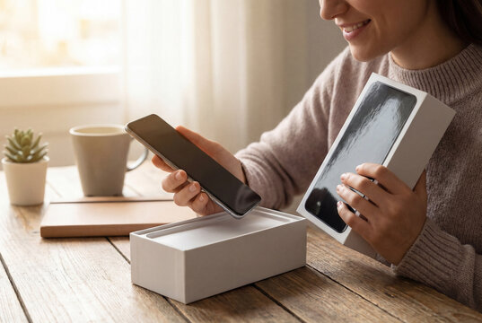 Gift to self concept with a woman opening a new mobile phone box. Warm home setting adds emotion to personal technology and retail themes.